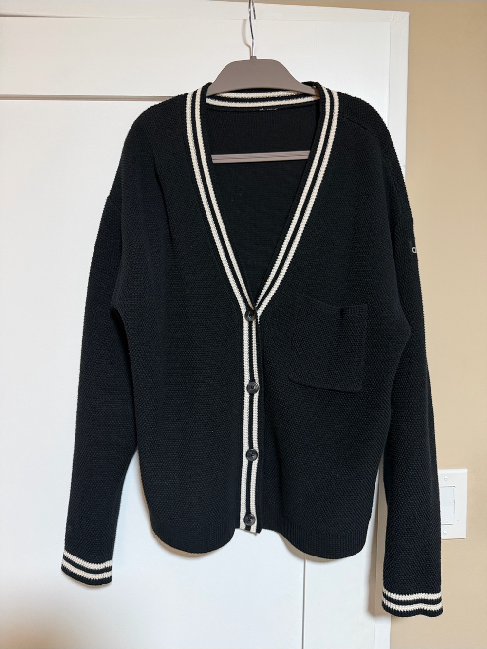 ALO Yoga Tennis Club Black Knit V-Neck Cardigan with Ivory Trim